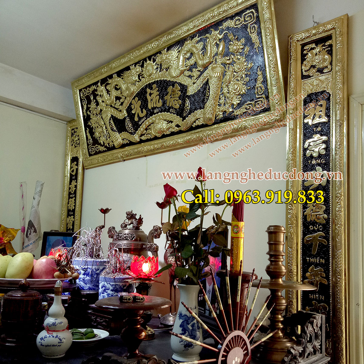langngheducdong.vn -bộ đồ thờ cúng đồng vàng, đỉnh đồng, hạc đồng, đại tự câu đối