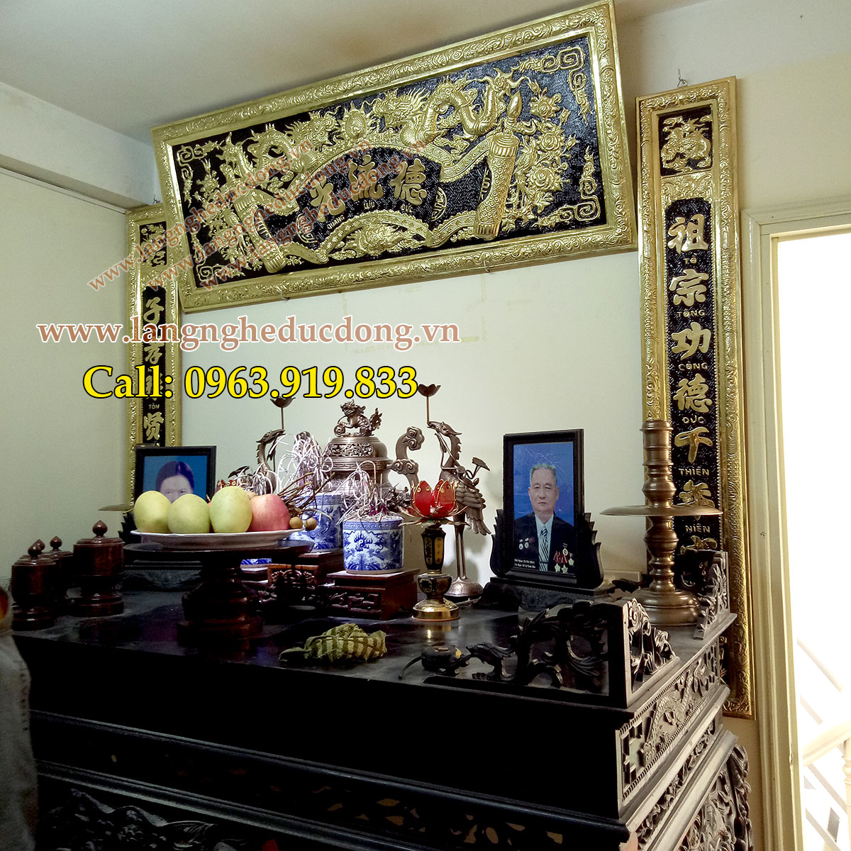 langngheducdong.vn -bộ đồ thờ cúng đồng vàng, đỉnh đồng, hạc đồng, đại tự câu đối