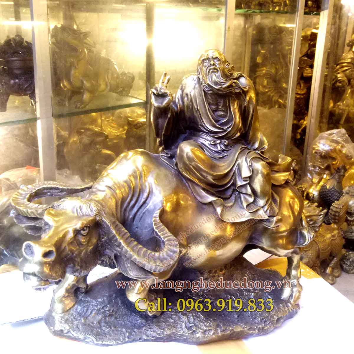 langnghedudong.vn - tượng đồng, tượng phong thủy, tượng lão tử cưỡi trâu, lão tử, lão tử bằng đồng
