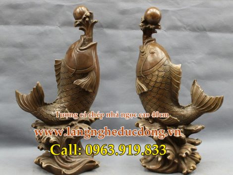 langngheducdong.vn - cá chép nhả ngọc cao 40cm, tượng cá chép bằng đồng