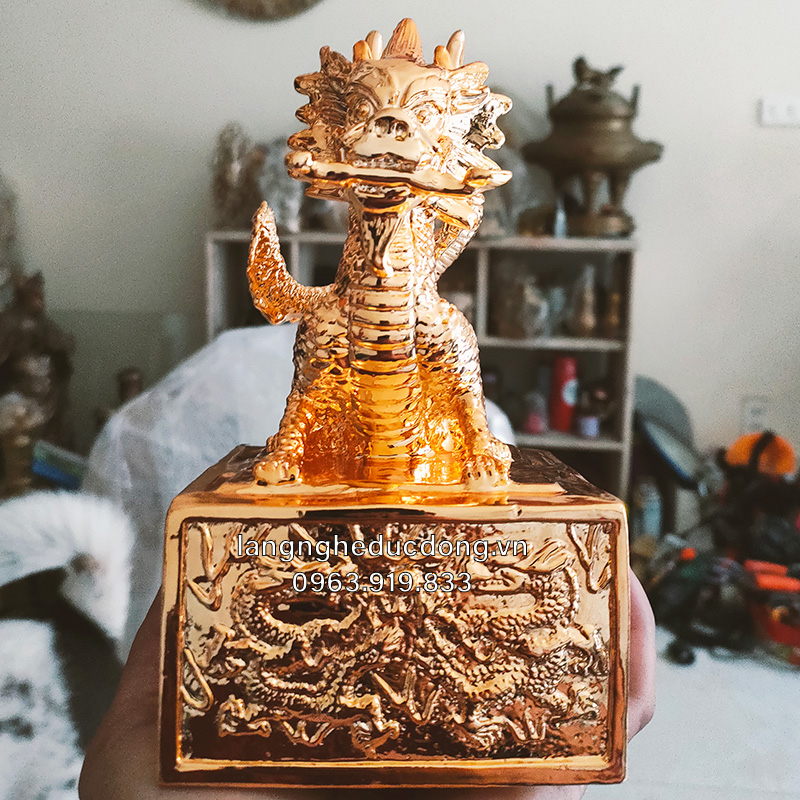 Ấn Rồng Ngậm Như Ý bằng đồng mạ vàng Nano, ấn rồng phong thuỷ, ấn rồng bằng đồng