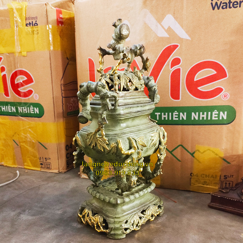 Đỉnh trúc xanh đồng giả cổ đỉnh đồng mẫu trúc vật phẩm thờ cúng hoặc trang trí bàn trà(xông trầm) – 25cm