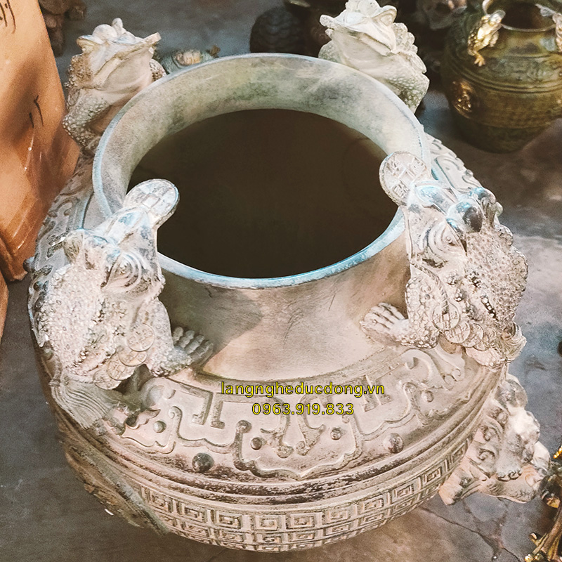 HŨ CHIÊU TÀI 4 CÓC ĐỒNG NÂU GIẢ CỔ – “BẢO VẬT” TRẤN GIA, TỤ TÀI LỘC ĐƯỜNG KÍNH 31CM